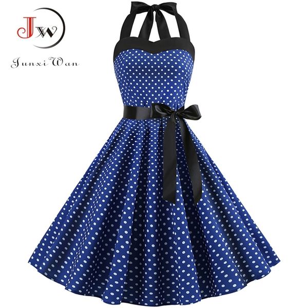 

halter party dress retro polka dot hepburn vintage 50s 60s pin up rockabilly dresses robe plus size elegant midi dress 210311, Black;gray