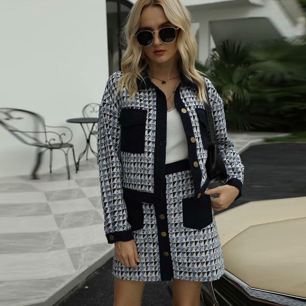 

2021 new 2pcs sets spring autumn women +skrits suit fashion plaid printed coat cardigan office lady casual single-breasted outerwea s8y4, White
