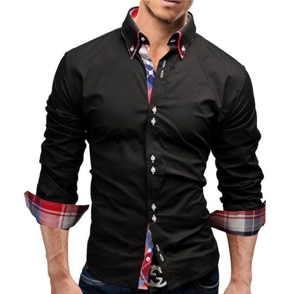 

men's casual shirts plaid patchwork dress long sleeve cotton classic slim fit office business shirt turn down collar fashion top, White;black