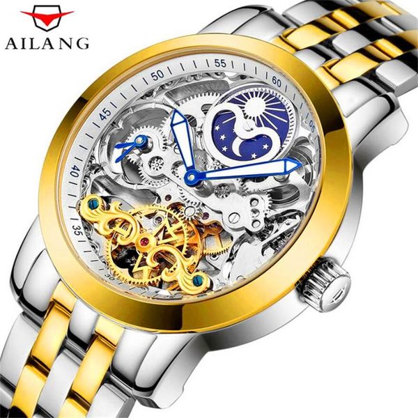 

wristwatches ailang mechanical men's watch automatic hollow silver dial gold tourbillon waterproof business 6821, Slivery;brown