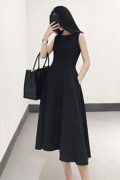 

casual dresses 2021 summer hepburn style black sleeveless waist temperament small dress over the knee long, Black;gray