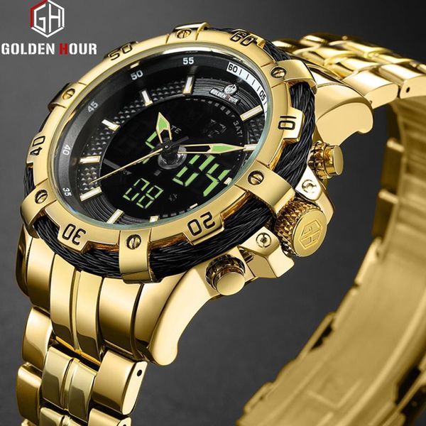

wristwatches goldenhour men watch fashion luxury dual display quartz stainless steel waterproof sports clock relogio masculino, Slivery;brown