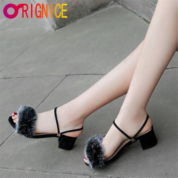 

sandals orignice summer square high heels ankle strap fashion furry women peep toe party dancing comfortable shoes black