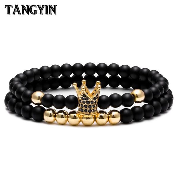 

charm bracelets crown bracelet couple for women jewelry 6mm nature stone micro-inlaid zircon gold silver men homme gift, Golden;silver