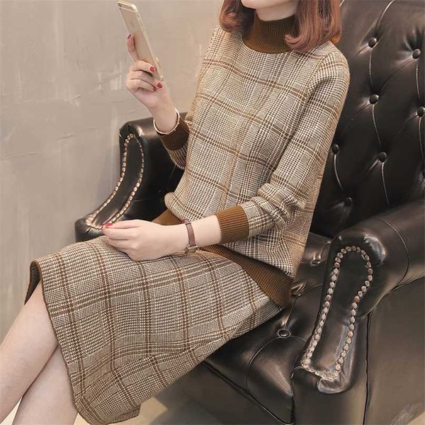 

women's suit autumn plaid sweater ms. long-sleeved bottoming shirt knitted + skirt sailor fashion two-piece 211106, White
