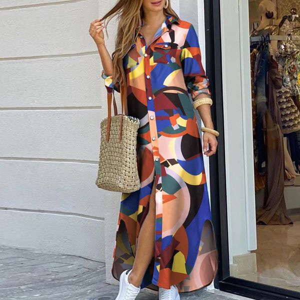 

women elegant button down long shirt dress print lapel neck party dress casual long sleeve maxi beach dress vestido, Black;gray