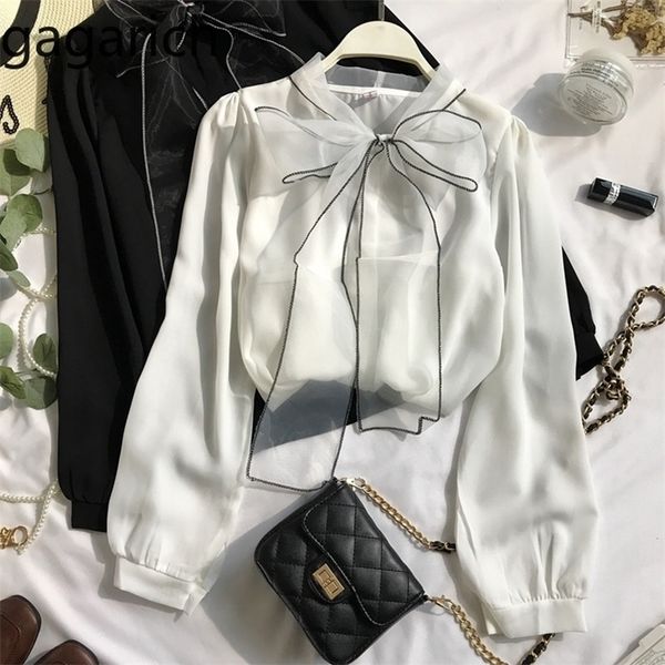 

gagarich women chiffon blouses fashion bow lace up lantern long sleeve ladies solid spring autumn fairy elegant shirt femme 210225, White