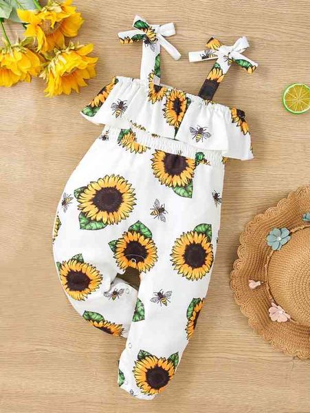 

baby floral and bee print cold shoulder ruffle trim shirred jumpsuit she, Blue