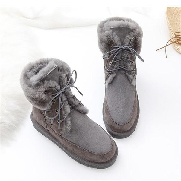 

boots 2021 snow boots, women's sheepskin and fur integrated middle tube slim warm thickened lace up cotton shoes, Black