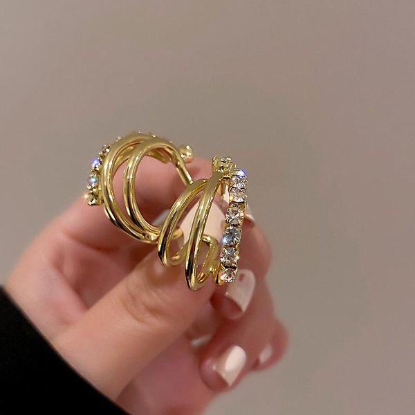 

hoop & huggie korean fashion women jewelry multilayer round earrings shining gold color rhinestone c shape for wedding party, Golden;silver