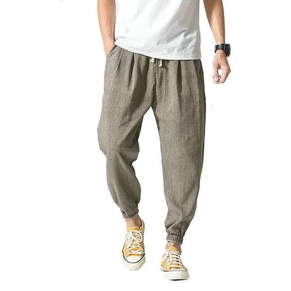 

men's pants shzq summer cotton linen harem men chinese style joggers casual lightweight ankle-length male trousers sweatpants, Black