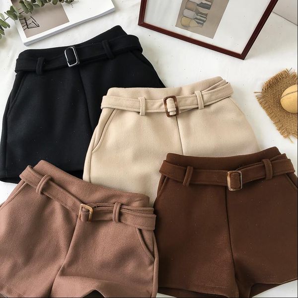 

plus size korean shorts women autumn winter high waist shorts belt casual loose woolen thick warm boots shorts short pants, White;black