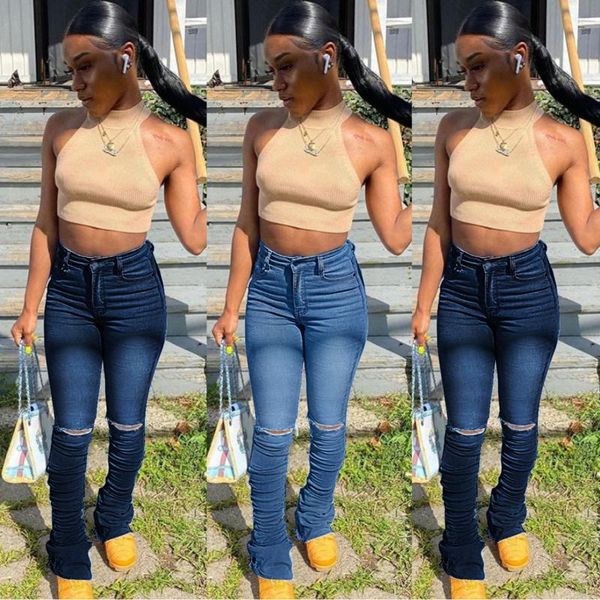 

women's jeans women stacked leggings casual high waist skinny ruched bell bottom denim pants, Blue