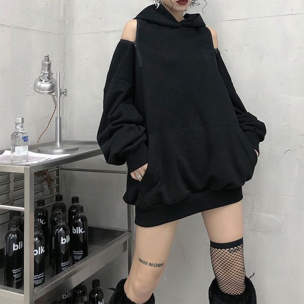 

streetwear off shoulder sweatshirt for women hooded collar long sleeve casual black sweatshirts female fashion new