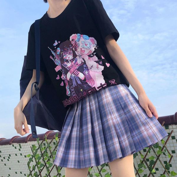 

women t-shirt korea cute anime printing casual harajuku black gothic round neck short sleeve t-shirt summer new kawaii women, White