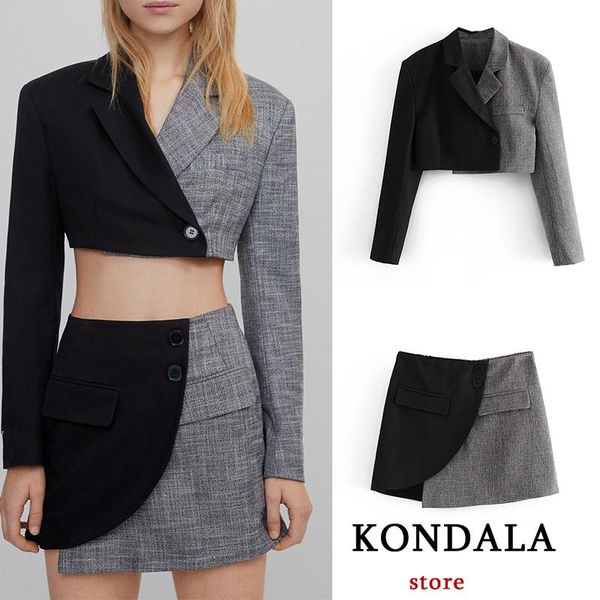 

kondala women's blazer fashion 2021 vintage patchwork v neck jackets female pockets england style short blazer mujer, White;black