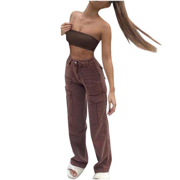 

women's jeans women middle waist casual long pants pocket vintage straight leg flare trousers loose streetwear pantalones de mujer, Blue