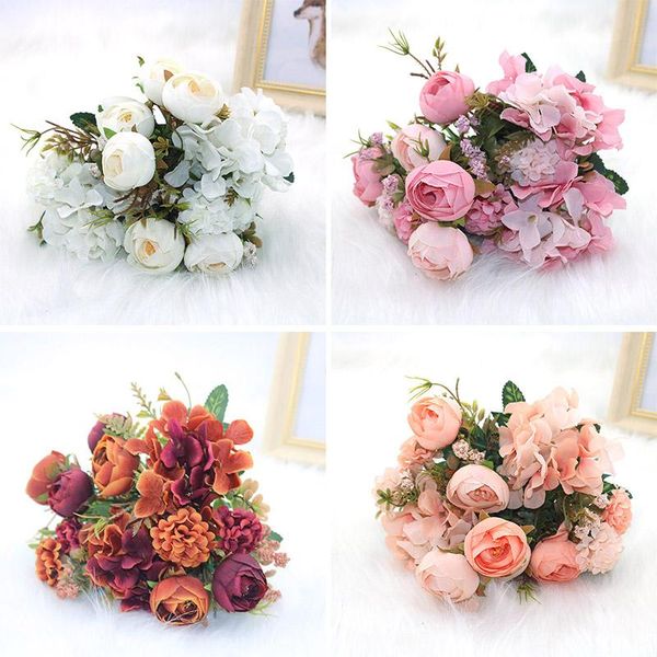 

decorative flowers & wreaths pink silk hydrangeas artificial wedding for bride hand blooming peony fake white home decoration