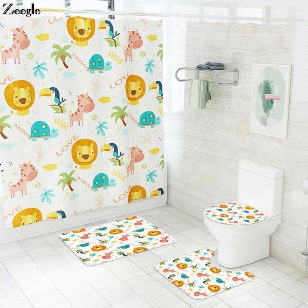 

bath mats cartoon animals printed bathroom mat polyester shower curtain set memory foam u-shaped toilet rug anti-slip floor pad