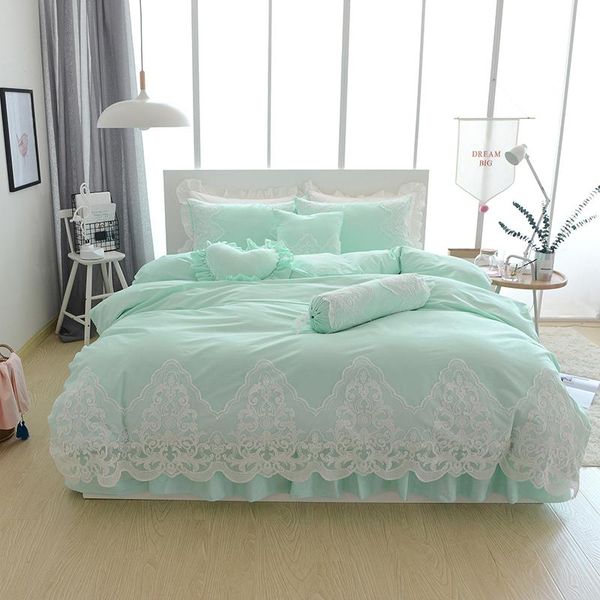

New Elegant bedding set flower print duvet cover ruffle lace bed skirt princess wedding bedroom textile pastoral style 4pcs/set