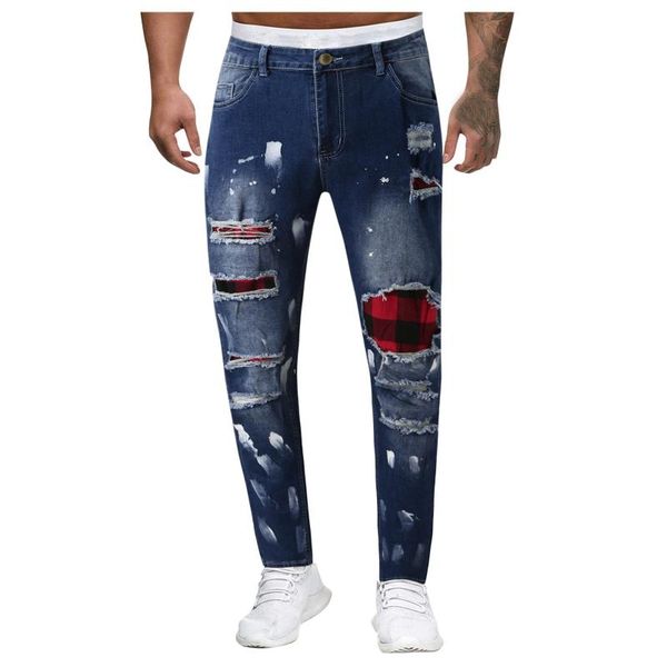 

men's jeans casual holes splice frayed gradient washed trousers slim buttons pants for men 2021 pantalones de hombre, Blue