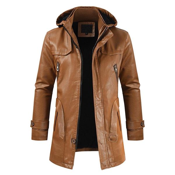 

men's trench coats fashion vintage autumn winter men long leather jacket zipper outerwear faux coat cardigans male, Tan;black