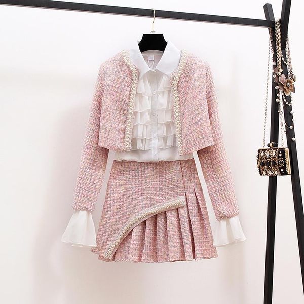 

autumn winter fashion ladies dress suits elegant ruffles white blouses + beaded short jackets tweeds mini skirts women 3 pcs set