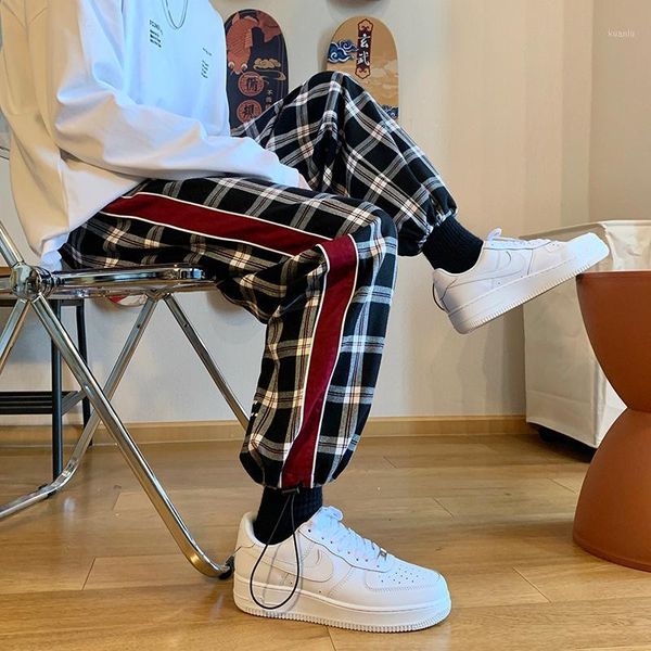 

streetwear black plaid spliced harem pants mens joggers 2021 spring japanese harajuku fashion clothes hip hop straight trousers men's