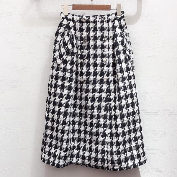 

skirts women long plaid skirt elegant high waist casual a-line fashion wool female, Black
