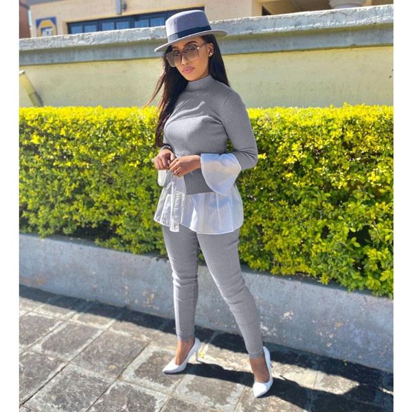 

women's two piece pants set women fall clothes stitching puff sleeve crop pants sets lounge vacation streetwear wholesale items, White