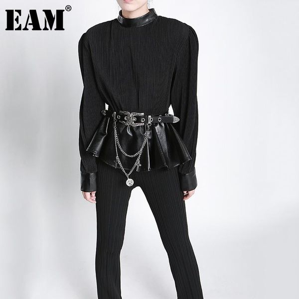 

eam] women black pleated pu leather spliced ruffles t-shirt new round neck long sleeve fashion tide spring autumn 2021 1dd3984, White