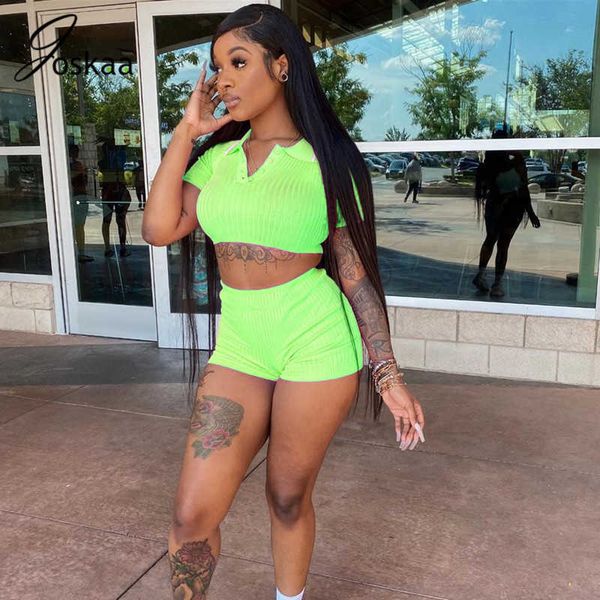 

joskaa new sunken knitted two piece set women solid short sleeve blouses biker shorts bodycon matching clothes tracksuits p0810, Gray