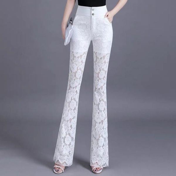 

women's pants & capris flared women lace hollow out white black pantalon femme korean fashion plus size high waist trousers clothes cas, Black;white