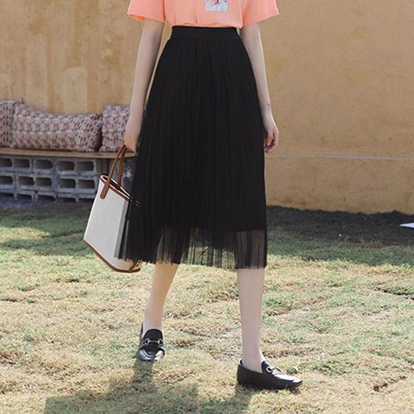 

skirts half length skirt elastic pleated high waist slim mid 2021 yarn summer a-line, Black
