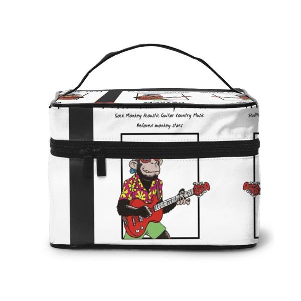 

high capacity makeup bag travel cosmetic bag sock monkey acoustic guitar country music beauty