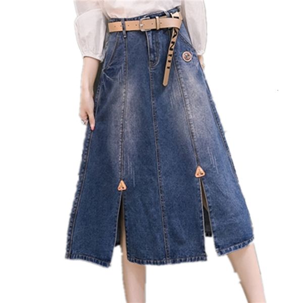 

2021 new spring summer denim skirt women high waist split ends casual vintage jeans long a-line skirts xf51, Black