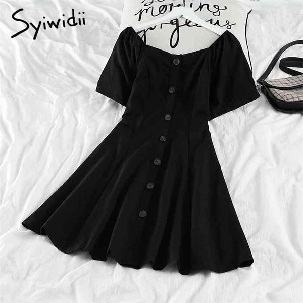 

elastic high waist dresses women button up short sleeve a-line solid black clothes summer korean fashion dress 210607, Black;gray