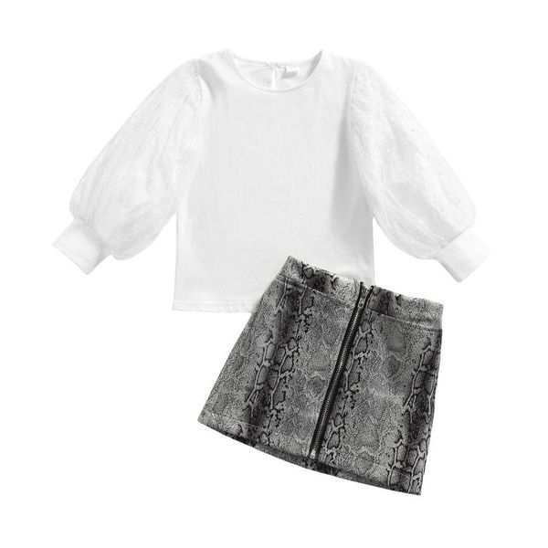 

clothing sets 2pcs kids summer tracksuit, girls round-neck long puff sleeves + snake print zipper skirt, 18 months to 6, White