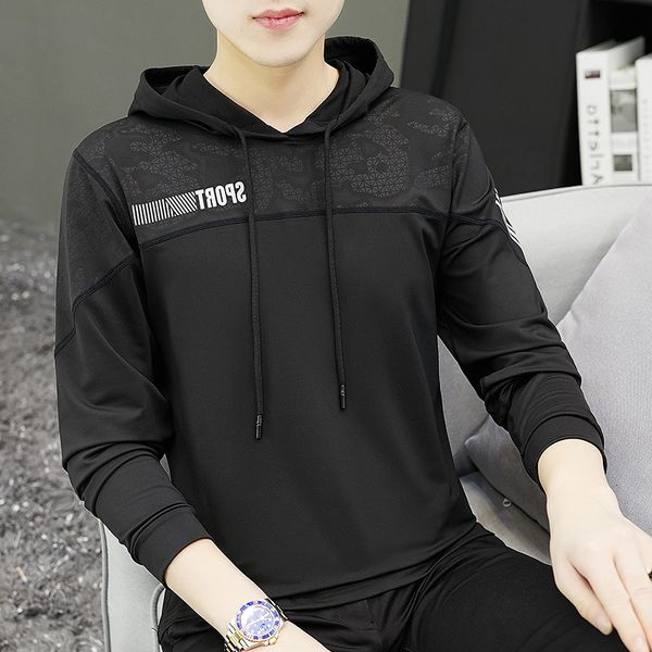 

t-shirt men's hoodie long sve autumn loose fashion casual youth men's wear, Black