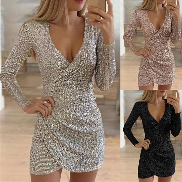 

2021 autumn women new v-neck long-sleeved bag hip irregular short skirt sequint heing es ladies solid color p14o, Black;gray