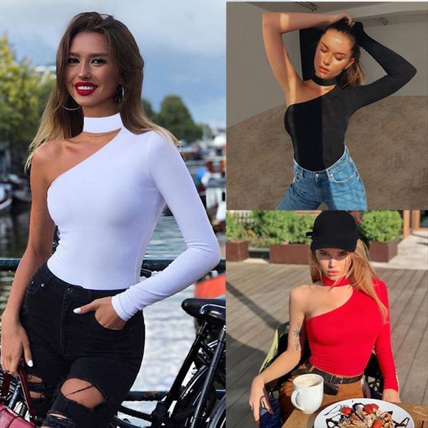 

cotton blend halter women romper one shoulder bodysuit fashion winter spring solid bodycon casual body, Black;white