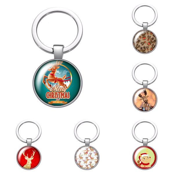 

merry christmas reindeer elk gift glass cabochon keychain bag car key chain ring holder silver color keychains men women gifts