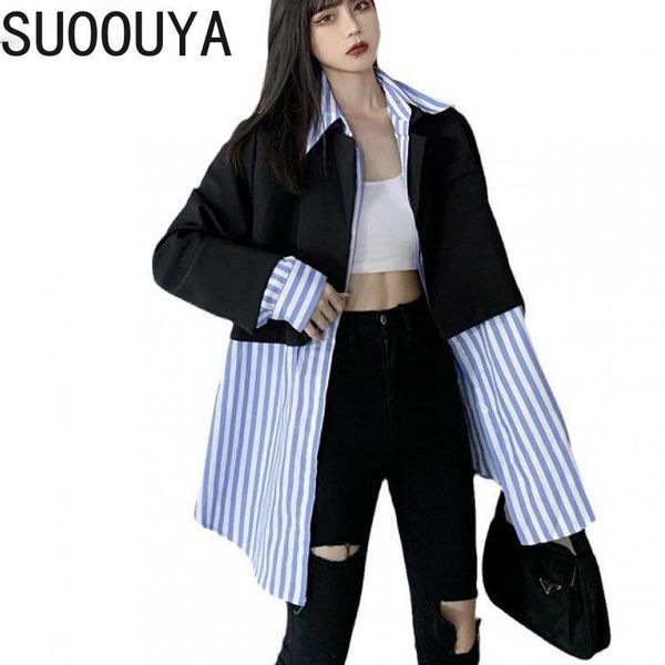 

women's suits & blazers [suoouya] women blazer vintage patchwork striped casual black white jackets color matching long suit coats 2021, White;black