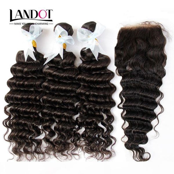 

indian deep wave virgin human hair weaves with closure unprocessed deep curly wavy hair 3 bundles and lace closure middle part 4x4size, Black