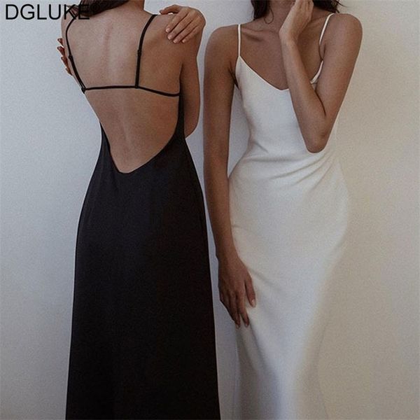 

backless a-line long party dress white black spaghetti strap satin dres sleeveless summer dress 210719