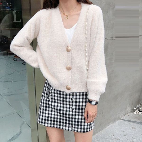 

2021 new spring autumn women v-neck knitted faux mink cardigan sweater female korean style tricot open stitch coat casaco mujer z57piug, White;black