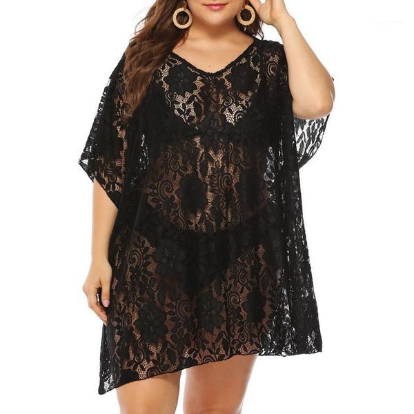 

women's swimwear plus size women bikini cover up beach dress v-neck bat sleeve lace pure color pullover smock blouse pareo, White;black