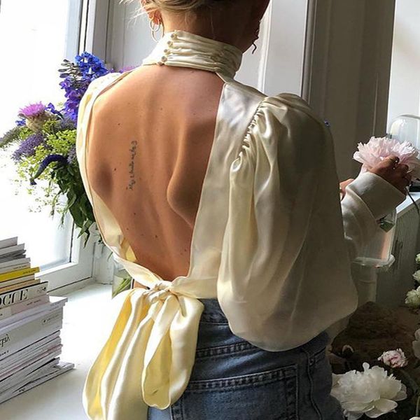 

women's blouses & shirts hollow backless pearl button pleated turtleneck tie waist bow long sleeve satin silk blouse shirt short crop t, White