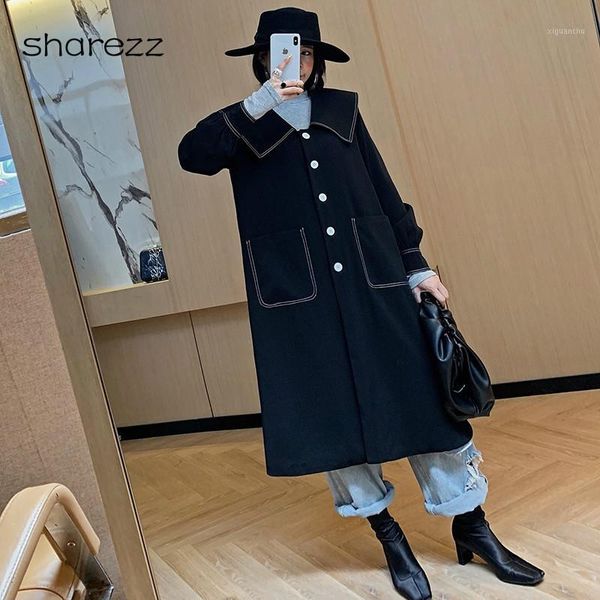 

2019 autumn new women's casual trench coat oversize single-breasted large lapel vintage washed pocket outwear loose clothing1, Tan;black