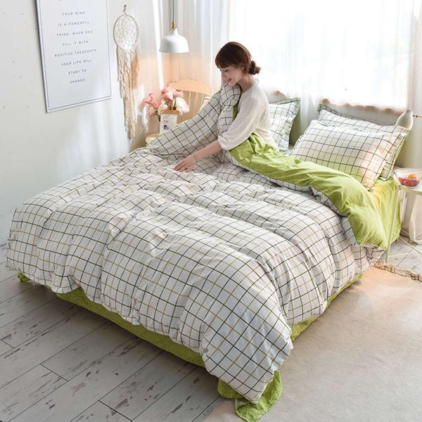 

simple fashionable green plaid strip bedding set duvet cover fitted sheet pillowcase set single full  size bedcloth